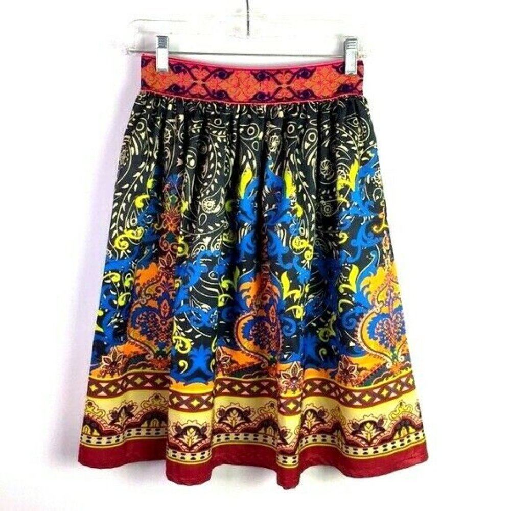 Miami Skirt S Midi Geometric Paisley A-Line *E - Picture 1 of 6